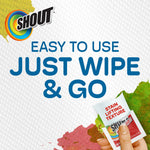 Graphic showing a hand holding a single-use Shout Wipe & Go packet with large text reading 'Just Wipe & Go'.
