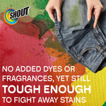 Hands holding denim with colorful stain background and Shout logo plus text about no added dyes or fragrances