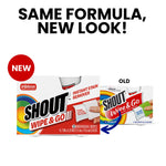 Packaging graphic showing Shout Wipe & Go new look compared to old packaging with bold headline text.
