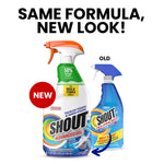 Comparison graphic showing new Shout Advanced Gel bottle beside the older blue Shout bottle with 'Same formula, new look'.