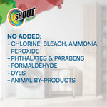 Ingredient and exclusion panel listing 'No added' chlorine, bleach, ammonia, phthalates, dyes and more with Shout logo.