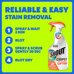 Step-by-step usage infographic next to SHOUT carpet set-in stain lifter bottle outlining spray, blot, scrub, blot dry