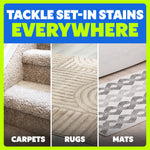 Triptych lifestyle graphic showing carpeted stairs, a patterned rug, and a mat with headline ‘Tackle Set-In Stains Everywhere’