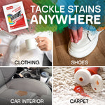 Collage of clothing, shoes, car interior and carpet stains with a Shout Wipe & Go packet and headline 'Tackle Stains Anywhere'.