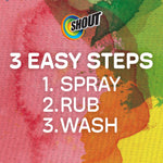 Colorful background with Shout logo and three-step instructions: spray, rub, wash