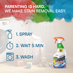 Instructional graphic with three steps - spray, wait 5 minutes, wash - plus a Shout Advanced Gel bottle and colorful splatters.