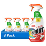 Eight-pack presentation of Shout Triple-Acting stain remover spray bottles with blue pack label