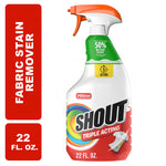 Shout Triple Acting fabric stain remover spray bottle on white background with red side banners showing 22 fl. oz.