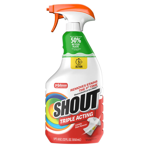 Single Shout Triple-Acting stain remover spray bottle with orange trigger and colorful logo