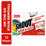 Single Shout Wipe & Go box shown with red side panel reading ‘on the go stain removal’ and a hand pulling a wipe