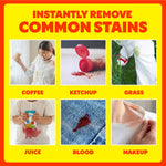 Grid of six photos under ‘Instantly remove common stains’ showing examples like coffee, ketchup, grass, juice, blood and makeup stains