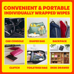Yellow panel titled ‘Convenient & Portable’ showing six photos of suggested carry locations like car console, diaper bag and backpack