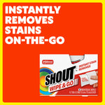 Bold orange graphic stating ‘Instantly removes stains on-the-go’ with a Shout Wipe & Go box at the bottom