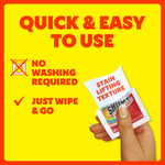 Yellow panel reading ‘Quick & Easy to Use’ with icons and a hand pulling a single individually wrapped Shout wipe from its packet