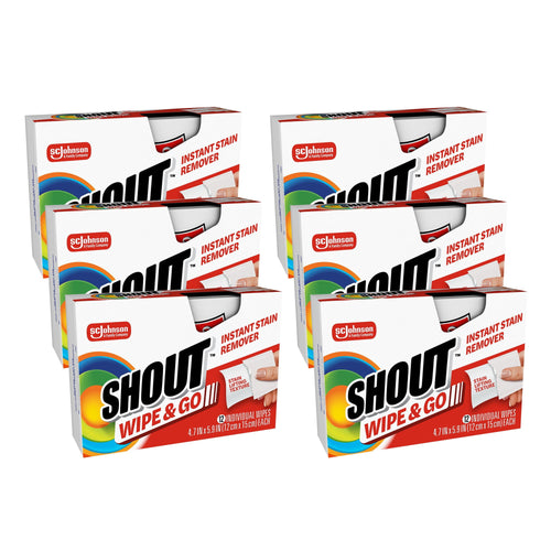 Six boxes of Shout Wipe & Go instant stain remover arranged in a staggered pack, product logo visible.