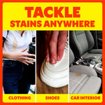 Graphic titled ‘Tackle stains anywhere’ with three vertical images showing clothing, shoe cleaning and a car seat stain