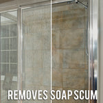 Glass shower door split before-and-after showing removal of soap scum with large removes soap scum text
