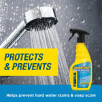 Showerhead running water beside a Rain‑X Shower Door Water Repellent bottle and protective text banner overlaid.