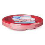 Side-angle shot of a shrink-wrapped stack of red Great Value compartment plates with visible label