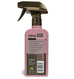 Rear view of a pink Shubug 3in1 plant spray bottle showing product facts, barcode and QR code on the label.