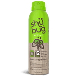 Close-up Shubug Active aerosol can with wood-textured label showing '12 hour' protection and insect repellent text