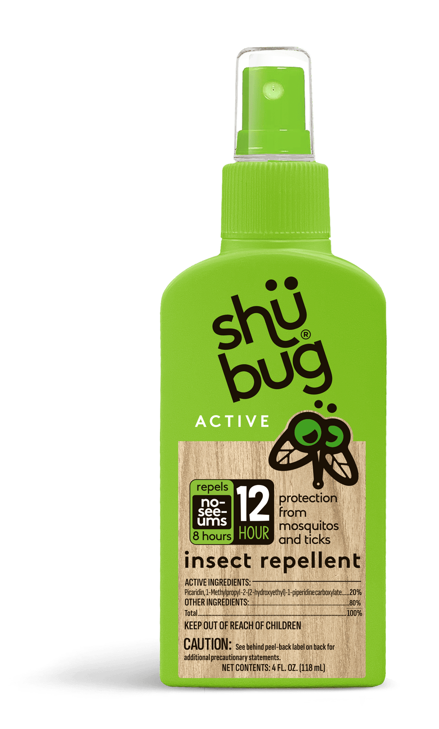 Close-up of a bright green Shübug Active insect repellent pump bottle with label and clear spray cap.