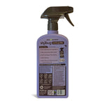 Rear view of a purple Shubug bed bug killer spray bottle with black trigger showing product facts, directions and icons on the back label