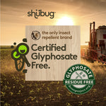 Promotional graphic claiming 'Certified Glyphosate Free' with Shubug logo and residue-free seal over a farm field sunset