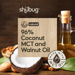 Graphic close-up of coconut, nuts and a bottle of oil with a wood panel stating '96% Coconut MCT and Walnut Oil' and MCT badge.