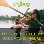 Kayaking lifestyle image branded with Shübug logo and text “Effective protection for up-to 12-hours” over the scene.