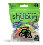 Resealable green Shubug pouch with visible neon coil bracelet bands and black bug logo on clear window.