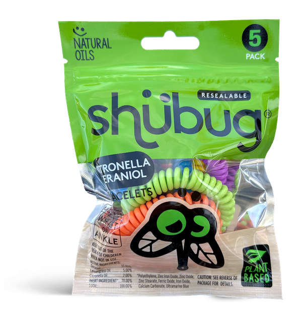 Resealable green Shubug pouch with visible neon coil bracelet bands and black bug logo on clear window.