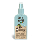 Front-facing light blue shübug kids & family spray bottle with pump and wooden label showing 12 hour mosquito repellent text