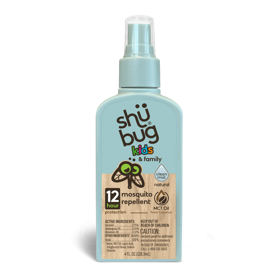 Front-facing light blue shübug kids & family spray bottle with pump and wooden label showing 12 hour mosquito repellent text