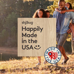 Outdoor family scene with a wood-textured panel stating “Happily Made in the USA” and a circular made-in-usa badge.