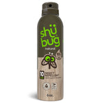 Tall brown-green Shübug natural aerosol can with branding, insect icon and product labels on a white background.