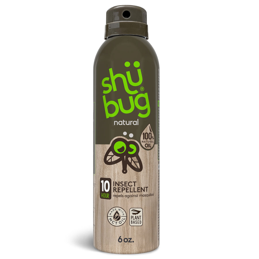 Tall brown-green Shübug natural aerosol can with branding, insect icon and product labels on a white background.
