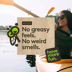 Kayaking outdoor lifestyle image with Shubug graphic stating 'No greasy feels. No weird smells.' and 'have more fun' badge