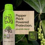 Shubug Active can with text 'Pepper Plant Powered Protection' and 'DEET FREE' label over a background of pepper plant leaves