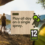 Outdoor lifestyle graphic with wood-textured panel reading “Play all day on a single spray” and a 12 hour badge.