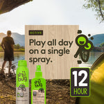 Outdoor scene with Shubug Active products and text 'Play all day on a single spray' and a 12 hour badge