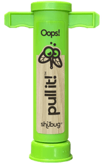Bright green Shübug Pull It! suction device shown upright with wood-texture label and bug logo