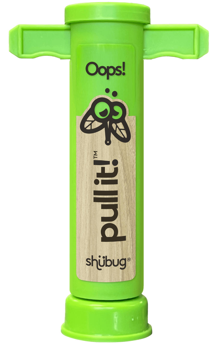 Bright green Shübug Pull It! suction device shown upright with wood-texture label and bug logo