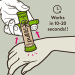 Illustration showing a hand using the green Shübug Pull It! tool on skin with text: Works in 10-20 seconds