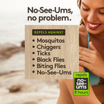 Lifestyle graphic showing a smiling person applying product with a wood-textured panel listing pests the product repels.
