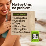 Graphic panel listing pests repelled including mosquitos, chiggers, ticks and no-see-ums beside smiling woman at the beach