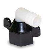 Close-up of a SHURflo elbow barb swivel fitting with a white 90° barb and black hex swivel base