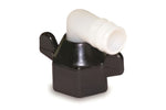 SHURflo plastic elbow swivel fitting with white barbed 90-degree connector mounted in a black hex swivel nut