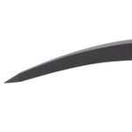 Side view close-up of a mattock pick tip with sharpened point and textured surface