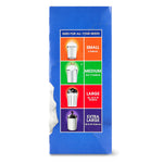 Side panel graphic showing colored bins and size categories for small, medium, large and extra large trash bags